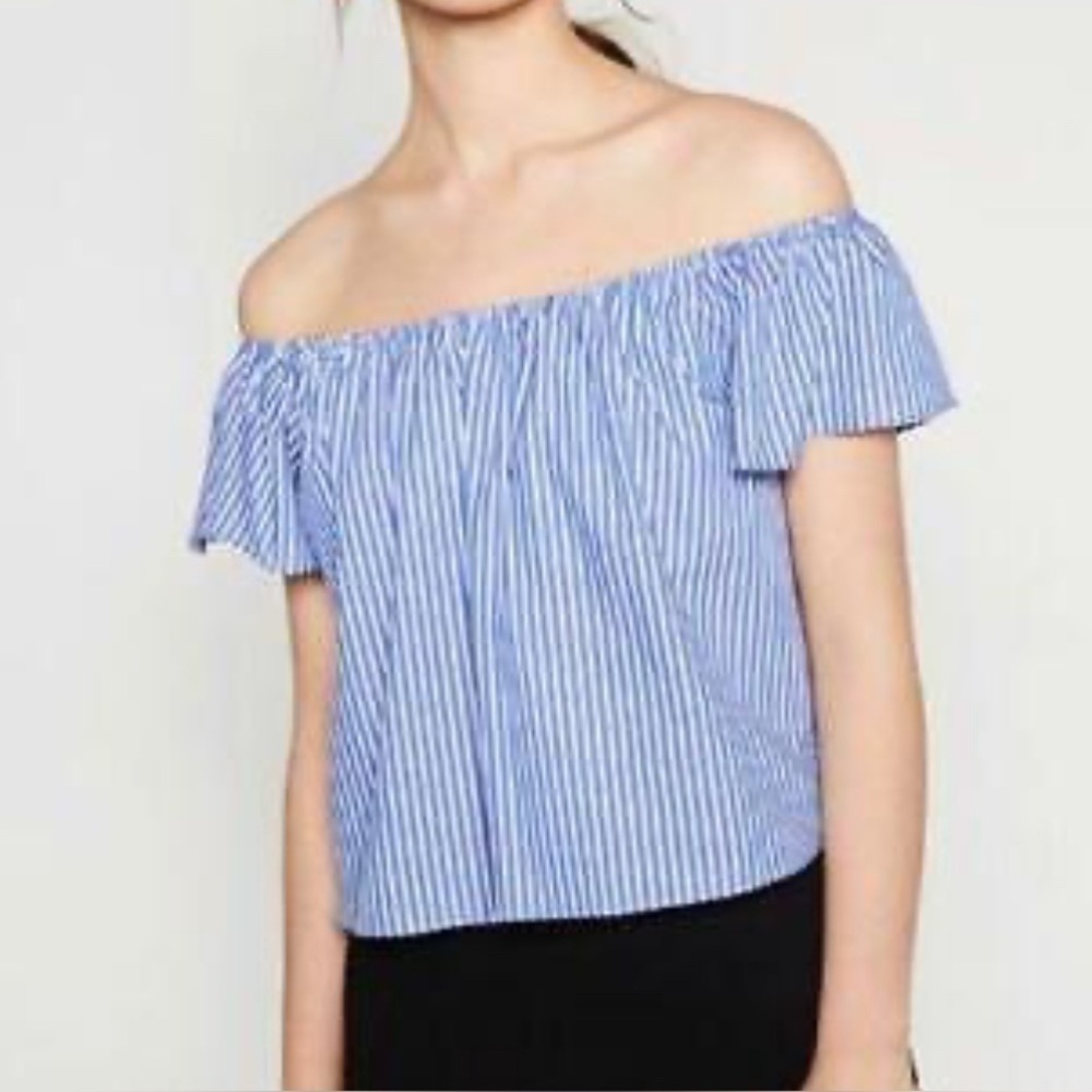 Zara Trafaluc Cotton Blue White Stripe Short Sleeve Off The Shoulder Blouse